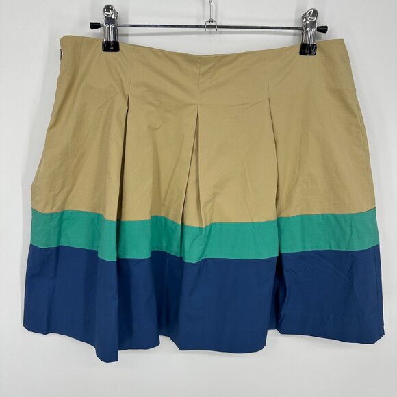 Theory Pleated Mini Skirt 8 Color Block Striped Cotton Poplin Tan Aqua Blue - Picture 2 of 6
